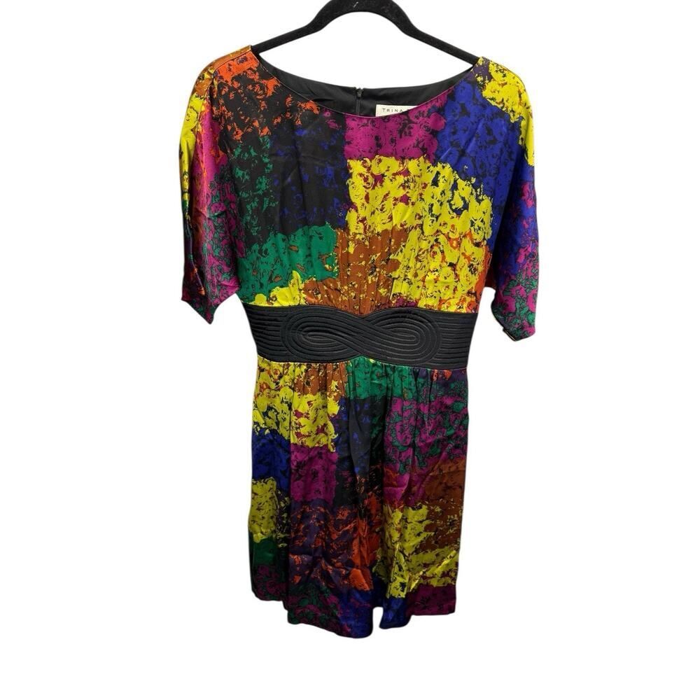 Trina Turk Fosse 100% Silk Multicolor Dress Size 10 Vibrant Print Waist Detail - Picture 4 of 11
